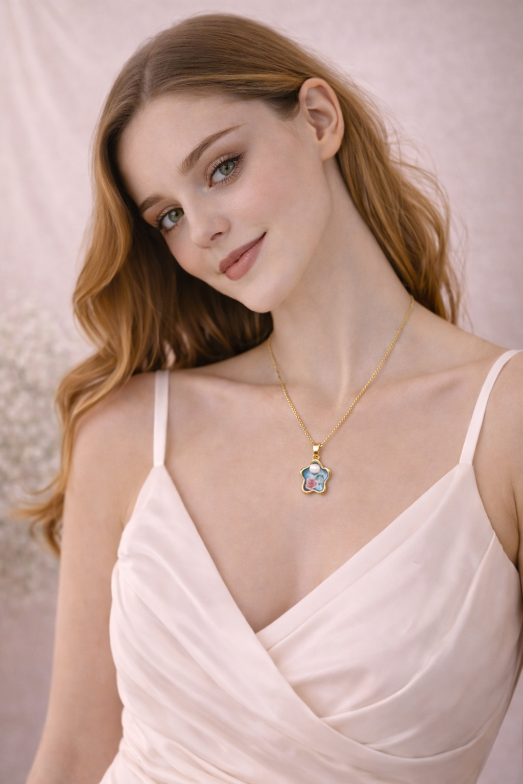 Blue Enamel Star Pendant Necklace with Pink Rose for Women