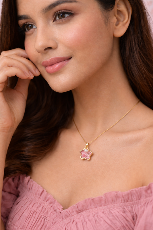 Gold Finish Floral Resin Pendant Necklace for Women