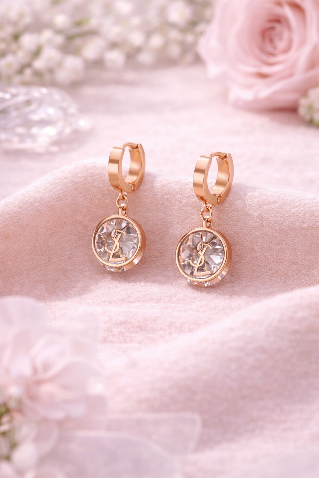 Rose Gold Stainless Steel Crystal Drop Earrings for Women & Girls