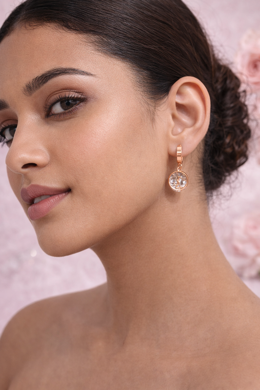 Rose Gold Stainless Steel Crystal Drop Earrings for Women & Girls