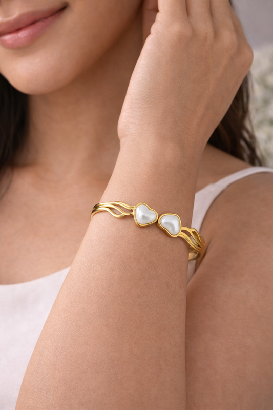 Premium Gold Plated Double Heart Pearl Kada Bracelet for Women