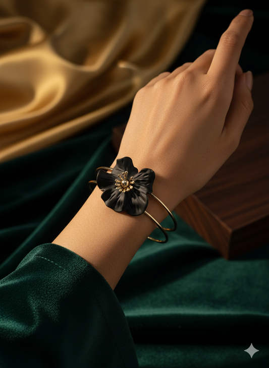 The Swaraah Matte Black Floral Gold-Plated Open Cuff Bangle