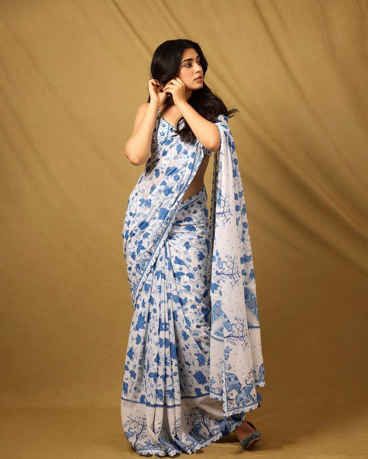 Blue & White Digital Printed Georgette Saree with Designer Lace Border