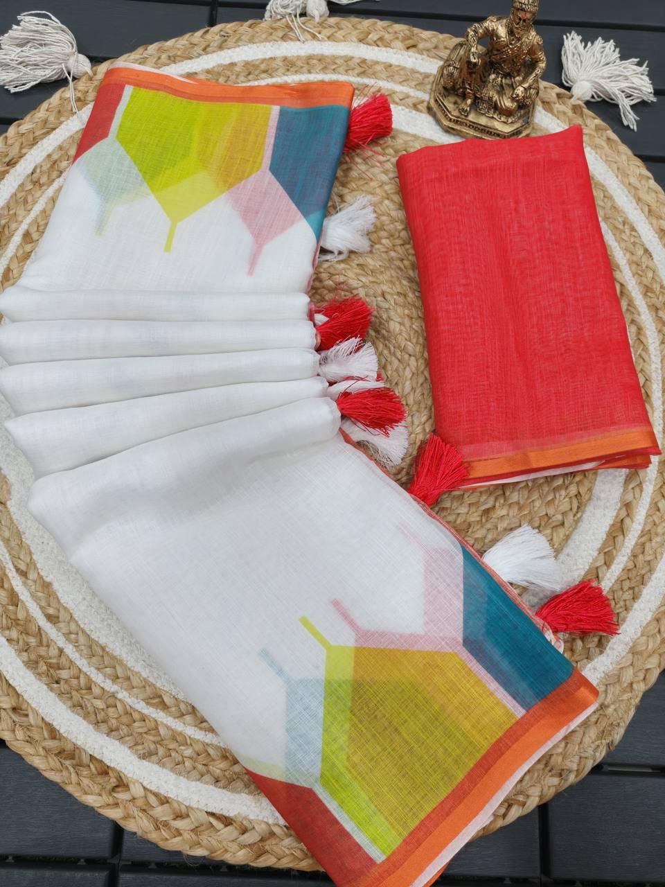 Lightweight Linen Cotton Digital Print Saree with Soft Plain Linen Blouse