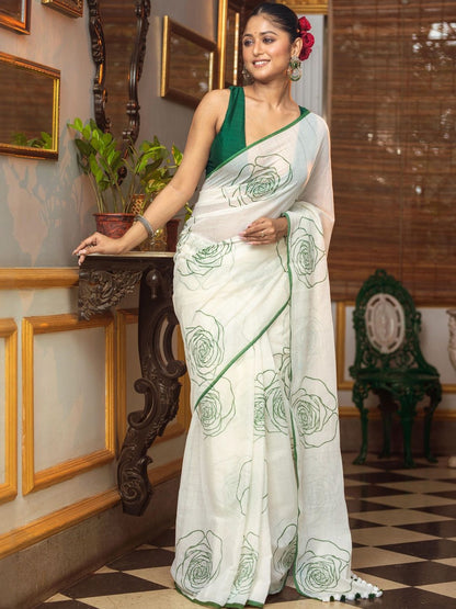Elegant Off-White Linen Cotton Saree with Green Digital Floral Printed Saree