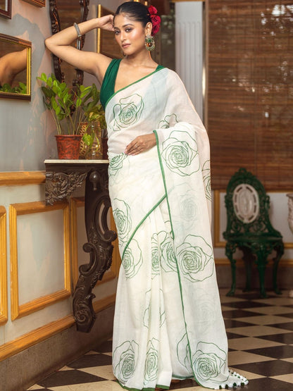 Elegant Off-White Linen Cotton Saree with Green Digital Floral Printed Saree