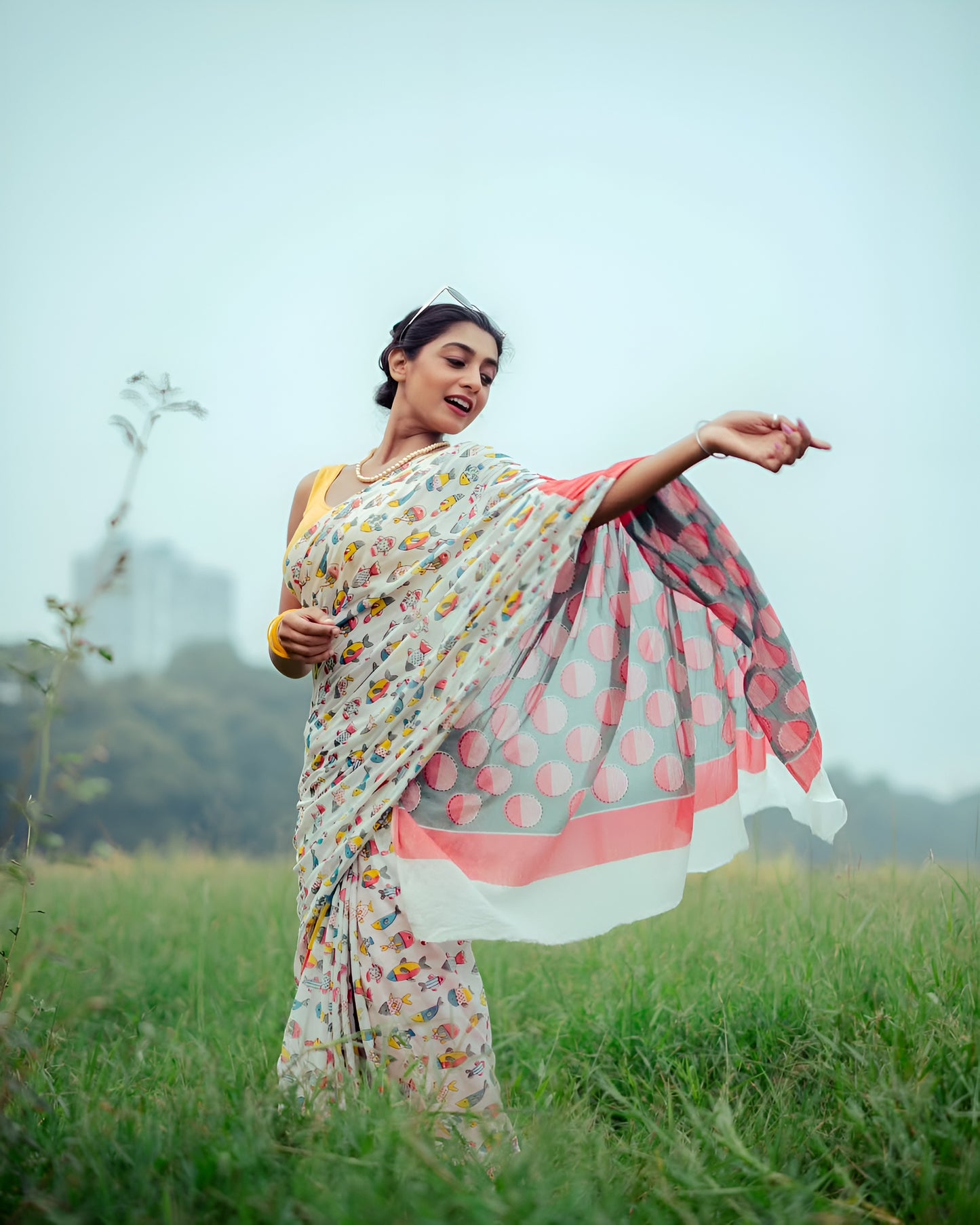 Multi Color Geometric Noir Pure Linen Cotton Digital Print Saree