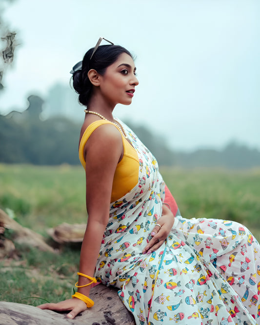 Multi Color Geometric Noir Pure Linen Cotton Digital Print Saree