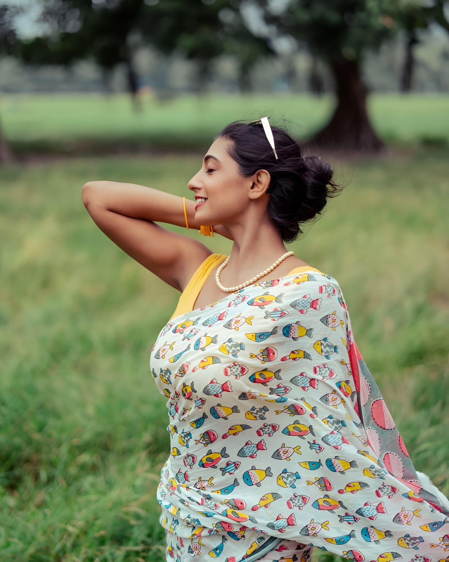 Multi Color Geometric Noir Pure Linen Cotton Digital Print Saree