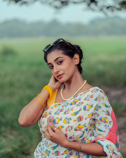 Multi Color Geometric Noir Pure Linen Cotton Digital Print Saree