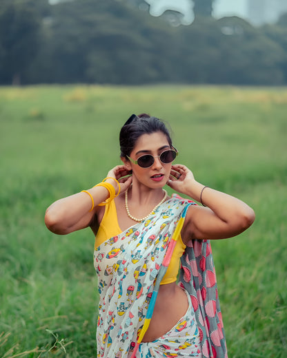 Multi Color Geometric Noir Pure Linen Cotton Digital Print Saree