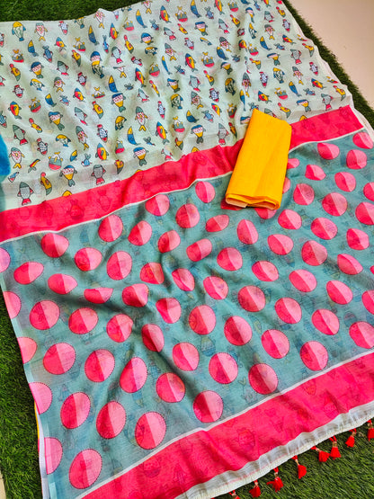 Multi Color Geometric Noir Pure Linen Cotton Digital Print Saree