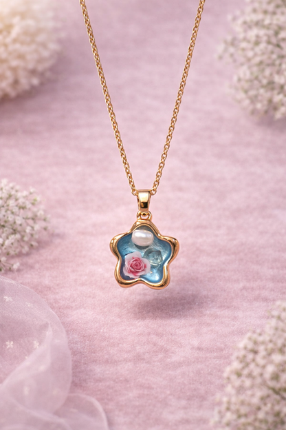Blue Enamel Star Pendant Necklace with Pink Rose for Women