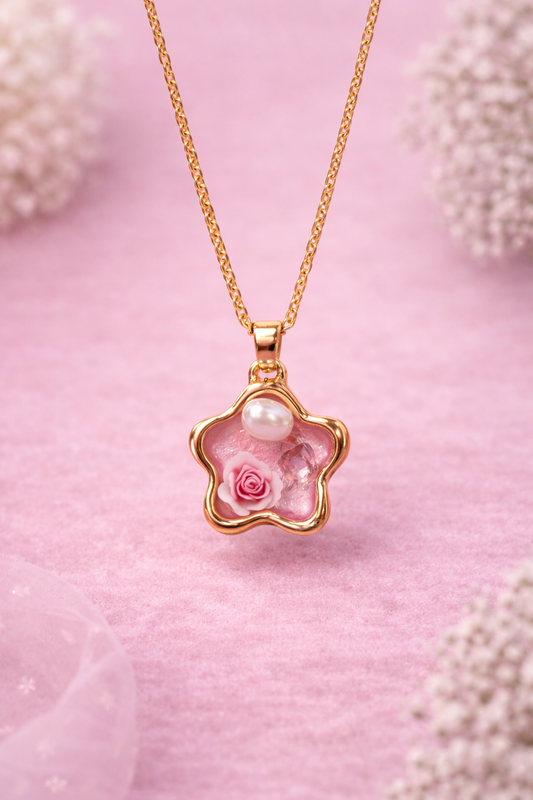 Gold Finish Floral Resin Pendant Necklace for Women
