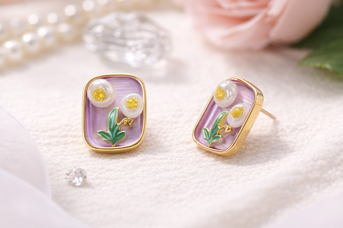 Lavender Floral Enamel Stud Earrings