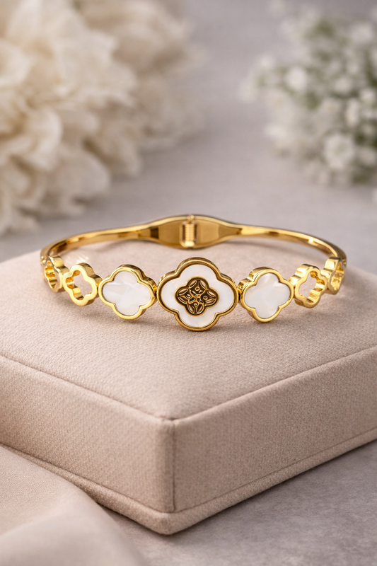 Premium Gold Plated Clover Kada Bracelet with White Mother-of-Pearl