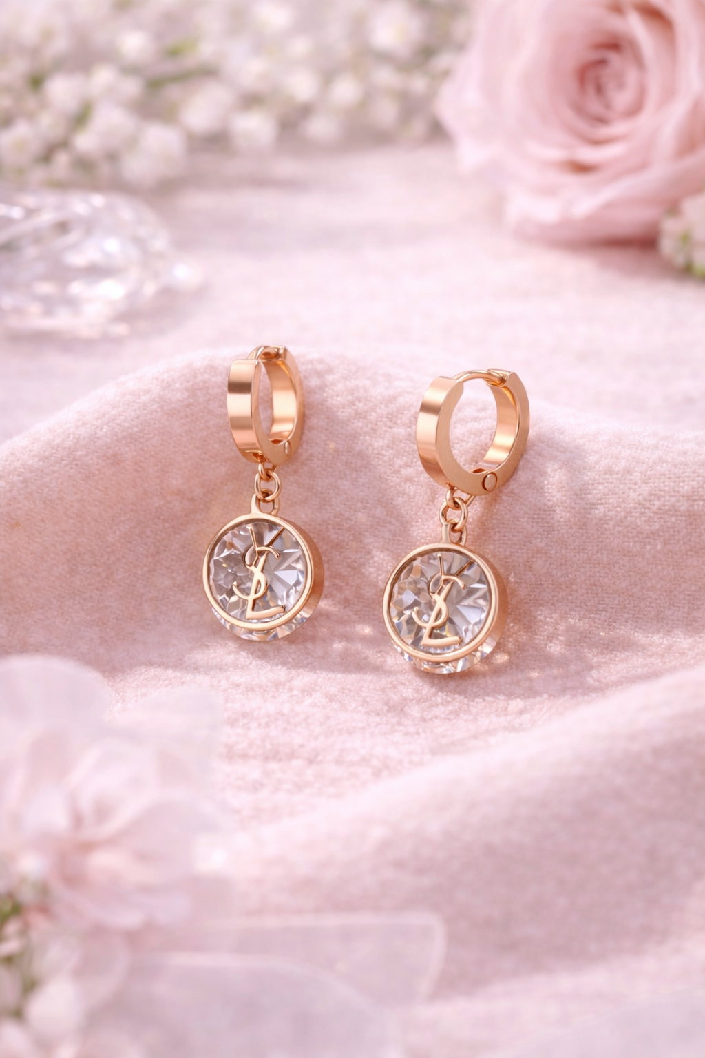 Rose Gold Stainless Steel Crystal Drop Earrings for Women & Girls