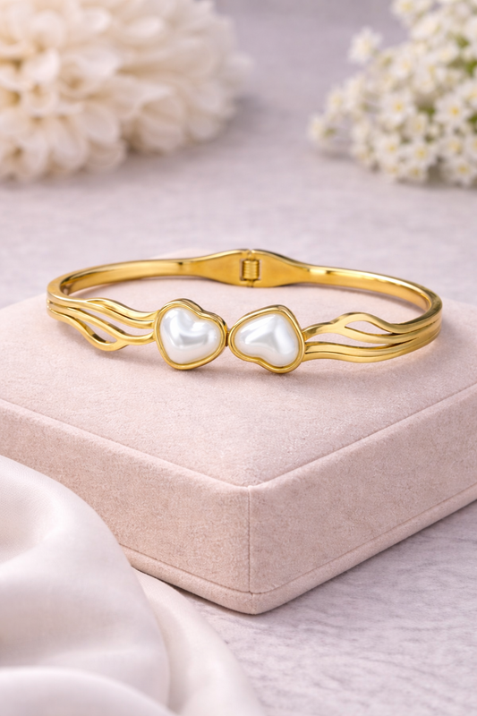 Premium Gold Plated Double Heart Pearl Kada Bracelet for Women