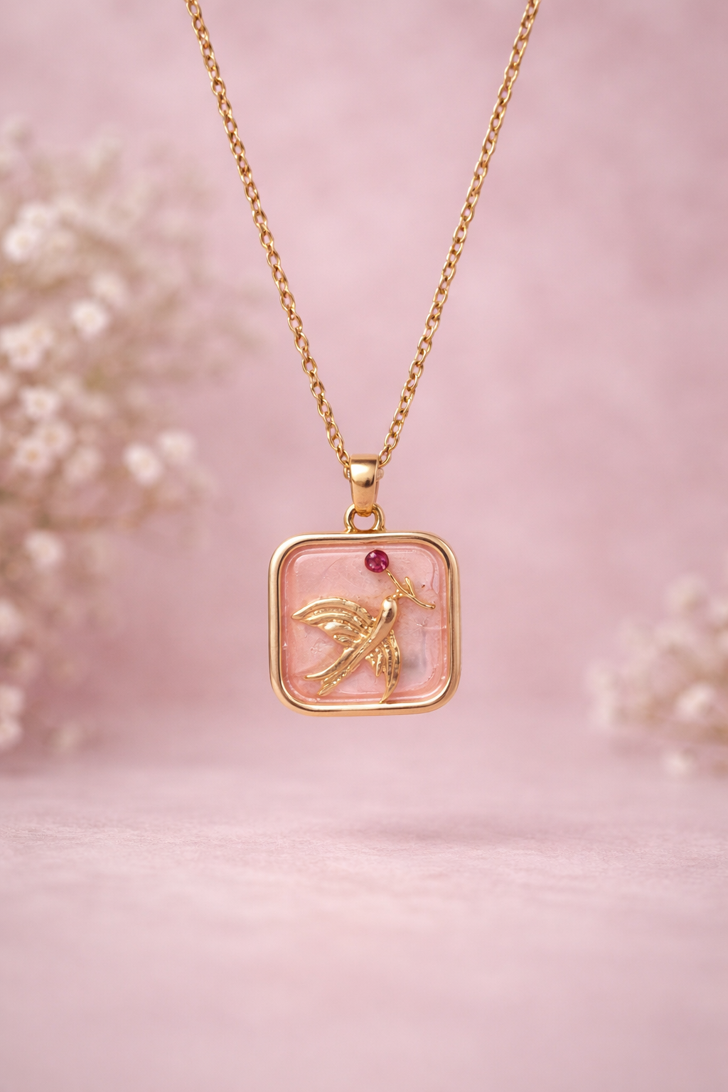 Pink Enamel Gold Pendant Necklace for Women