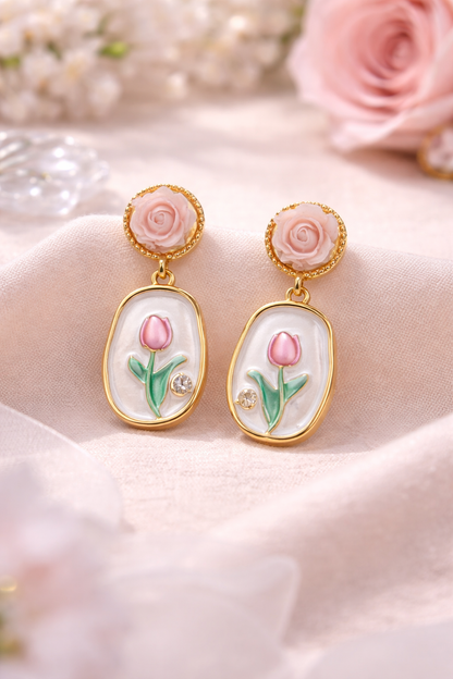 Stylish Rose Stud with Tulip Drop Earrings – Premium Floral Jewellery for Women