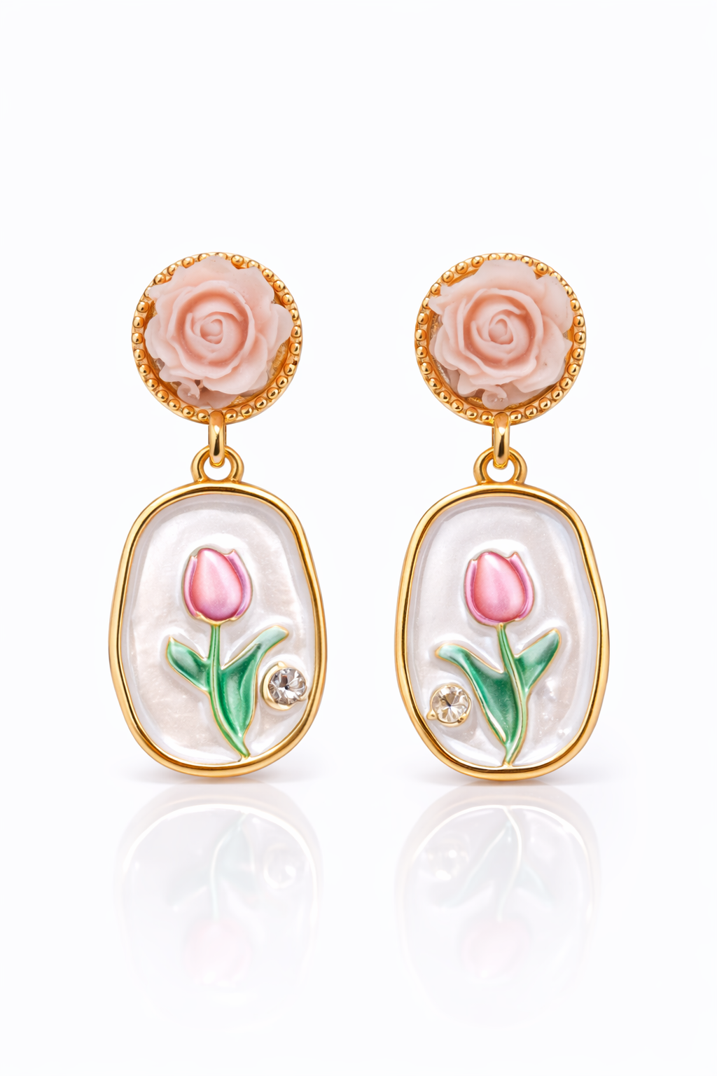 Stylish Rose Stud with Tulip Drop Earrings – Premium Floral Jewellery for Women