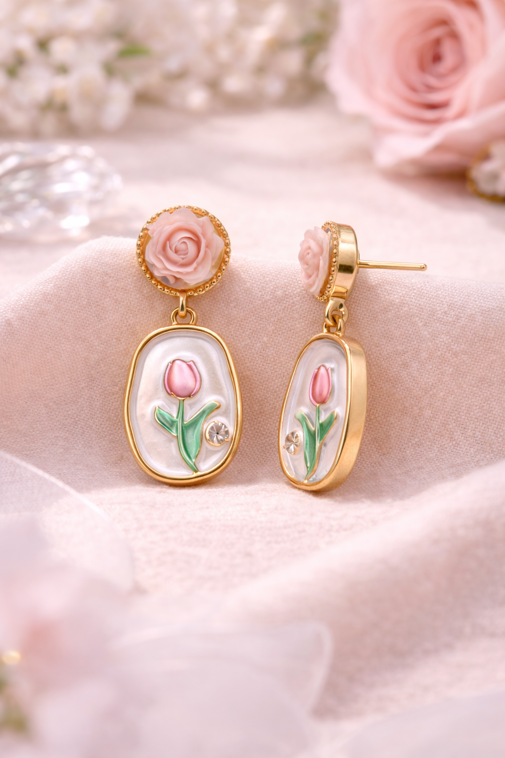 Stylish Rose Stud with Tulip Drop Earrings – Premium Floral Jewellery for Women