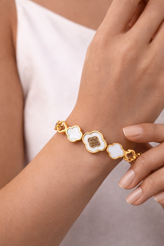 Premium Gold Plated Clover Kada Bracelet with White Mother-of-Pearl