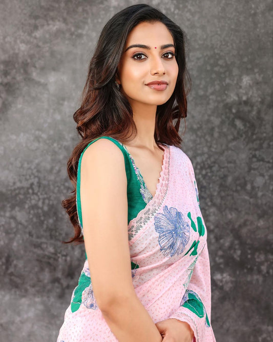 Trending Pink Georgette Saree with Heavy Digital Print & Cut Work Net Border