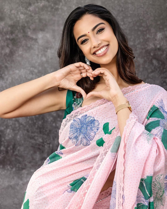 Trending Pink Georgette Saree with Heavy Digital Print & Cut Work Net Border