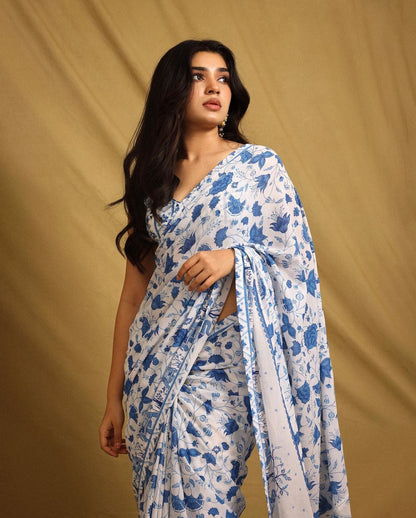 Blue & White Digital Printed Georgette Saree with Designer Lace Border