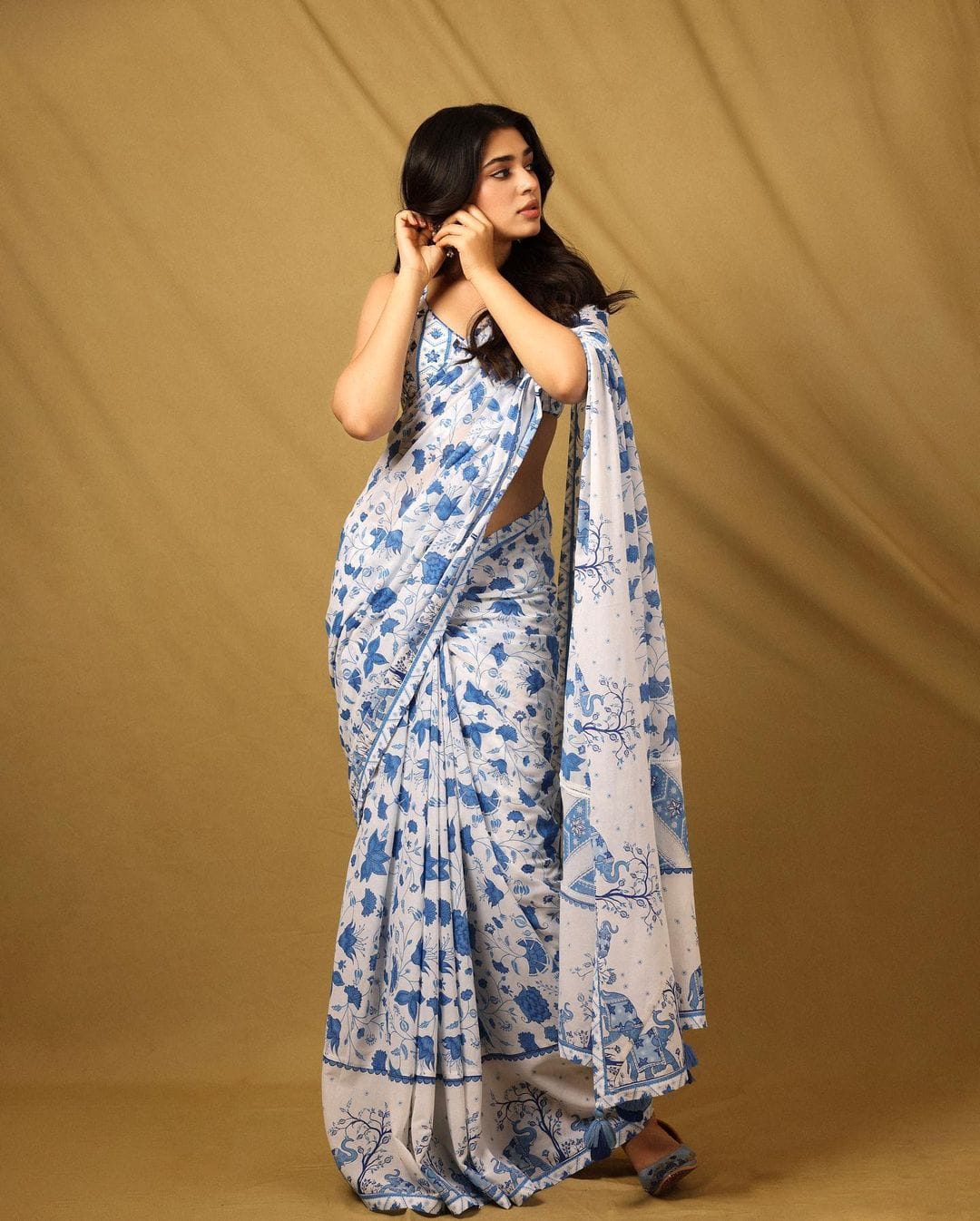 Blue & White Digital Printed Georgette Saree with Designer Lace Border