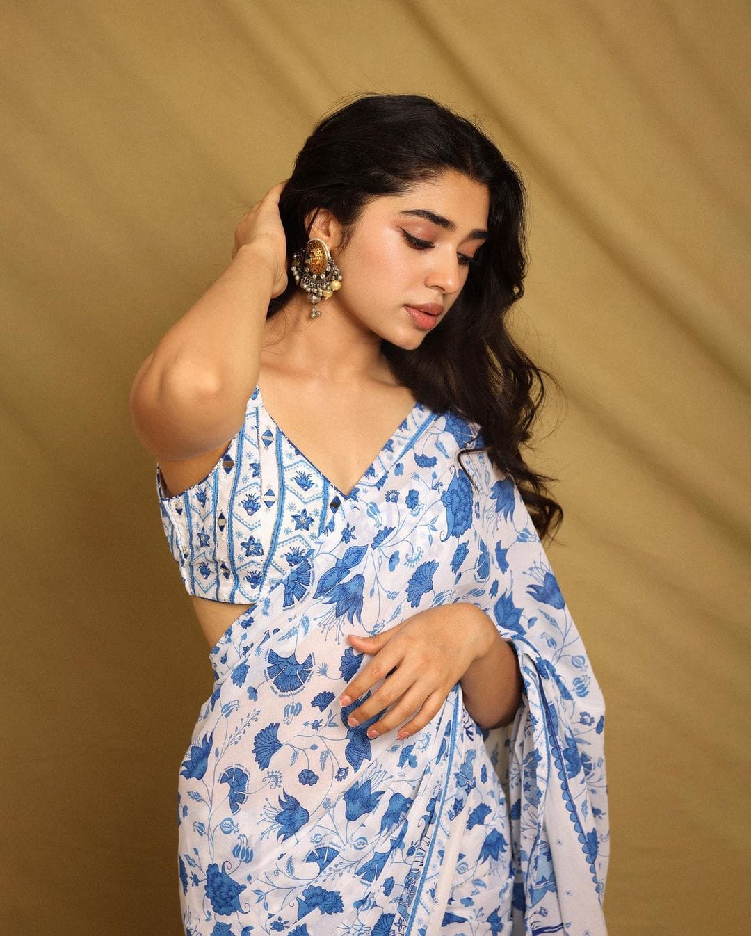 Blue & White Digital Printed Georgette Saree with Designer Lace Border