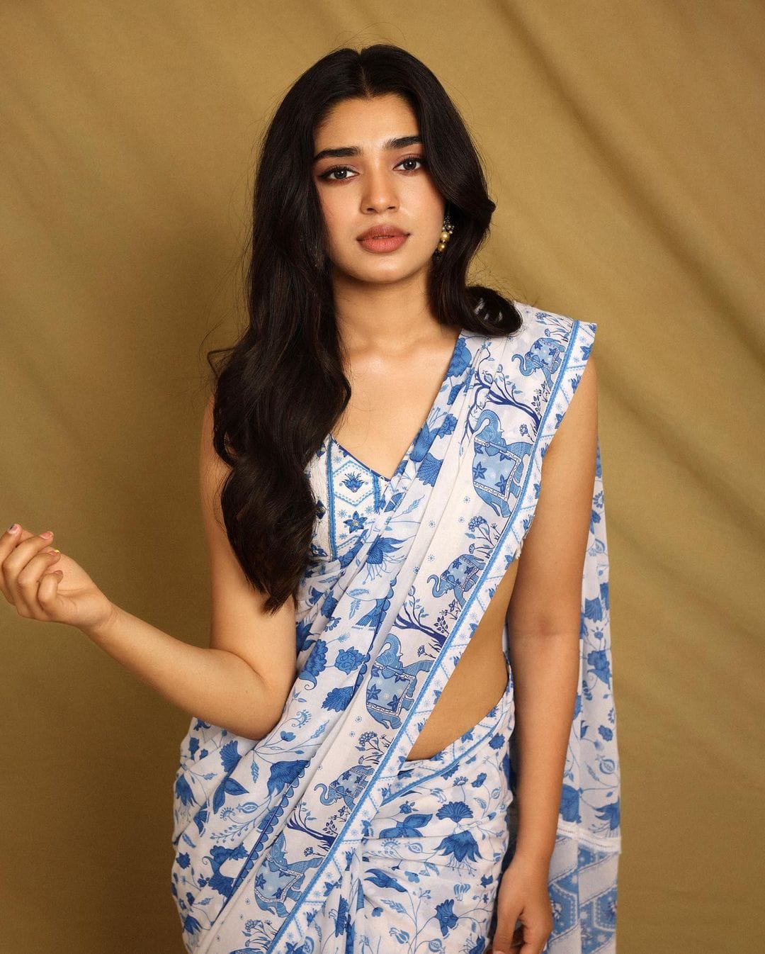 Blue & White Digital Printed Georgette Saree with Designer Lace Border