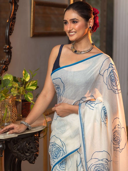 Elegant Off-White Linen Cotton Saree with Blue Digital Floral Printed Saree