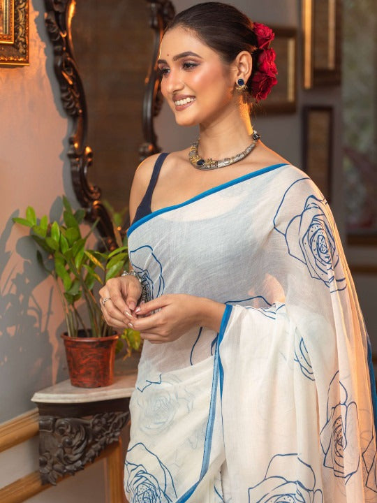 Elegant Off-White Linen Cotton Saree with Blue Digital Floral Printed Saree