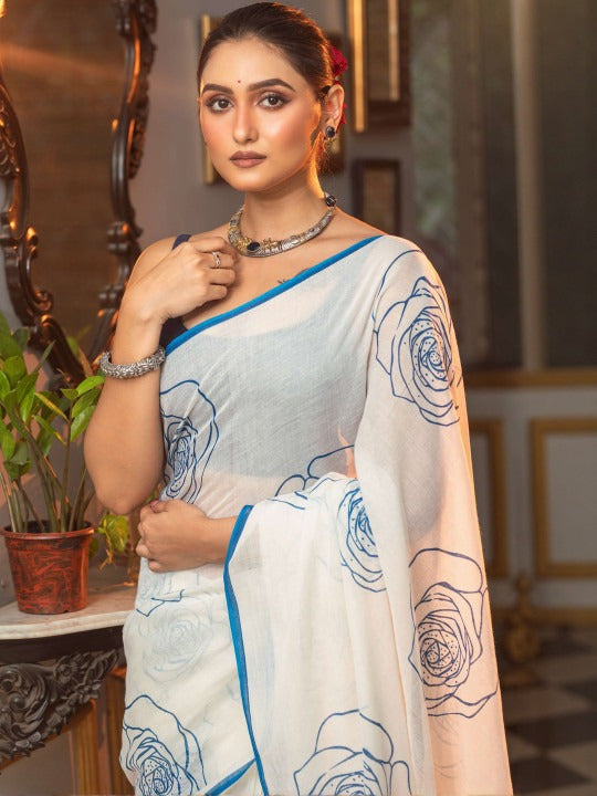 Elegant Off-White Linen Cotton Saree with Blue Digital Floral Printed Saree