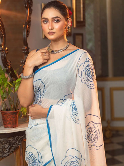 Elegant Off-White Linen Cotton Saree with Blue Digital Floral Printed Saree