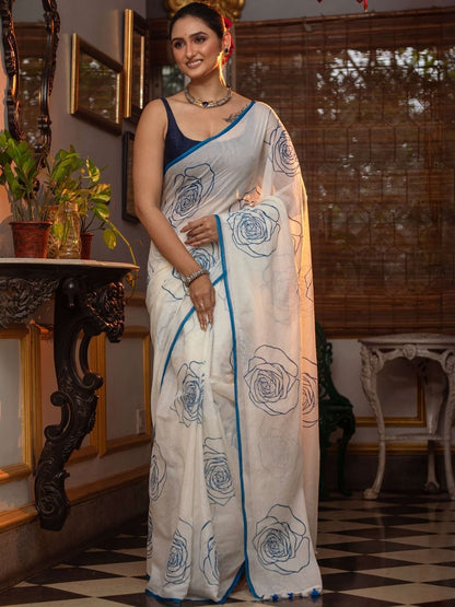 Elegant Off-White Linen Cotton Saree with Blue Digital Floral Printed Saree