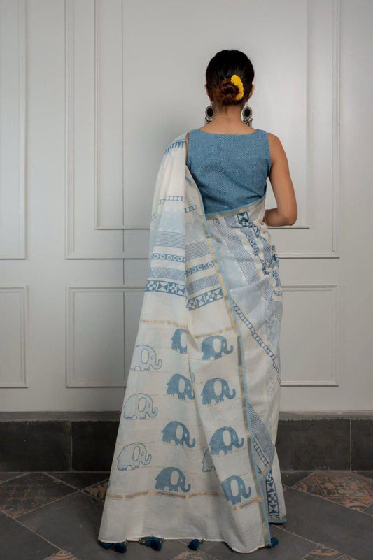White Geometric Noir Pure Linen Cotton Digital Print Saree