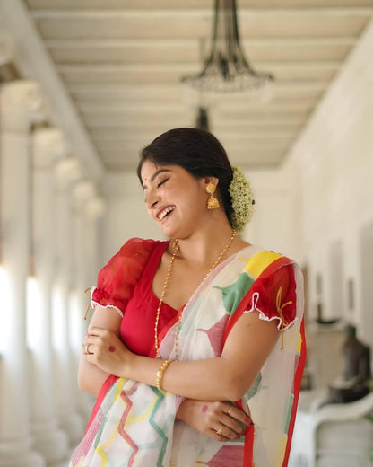 Lightweight Linen Cotton Digital Print Saree with Soft Plain Linen Blouse