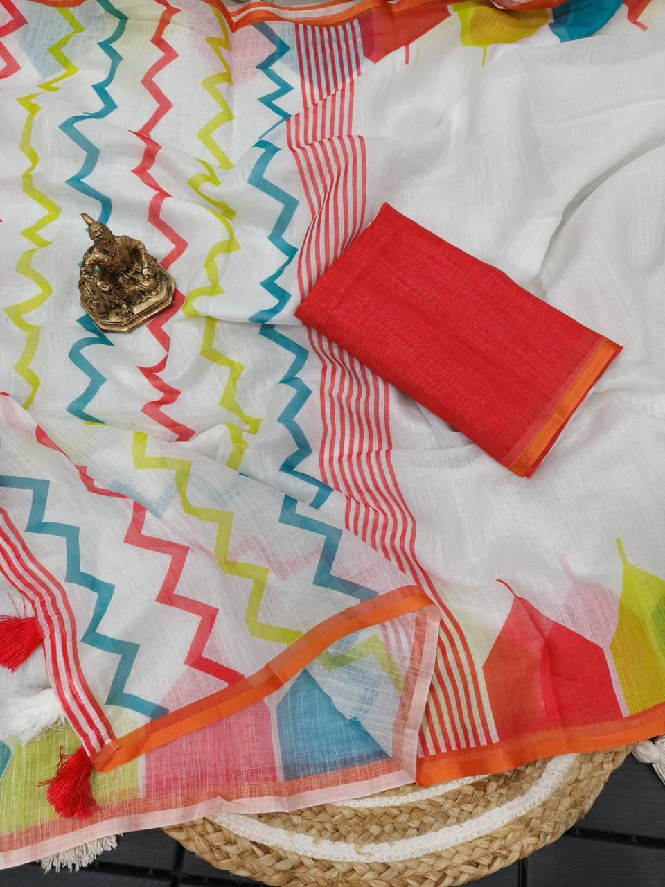 Lightweight Linen Cotton Digital Print Saree with Soft Plain Linen Blouse